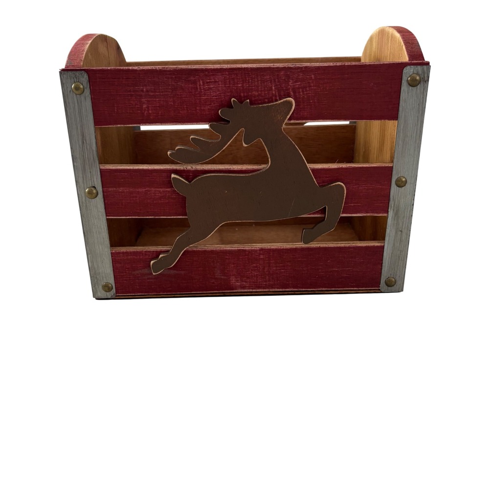 Rustic Wooden Christmas Reindeer Crate Holiday Decor Red Slatted Storage Box